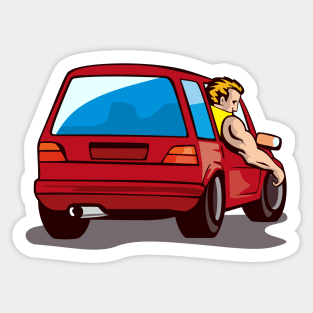 Red Hatchback Car with Man Sticker